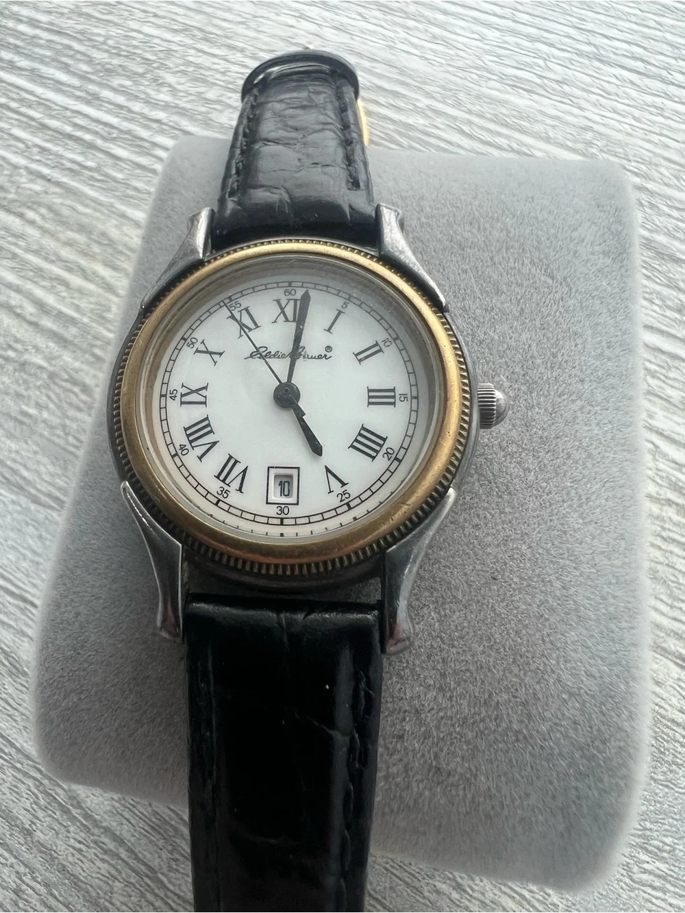 Eddie Bauer Two-Tone Roman Numeral Wristwatch with Black Leather Strap